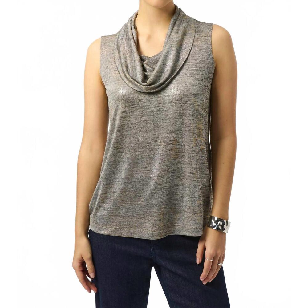 NEW JOSEPH RIBKOFF foiled knit cowl neck sleeveless top in beige/multi
